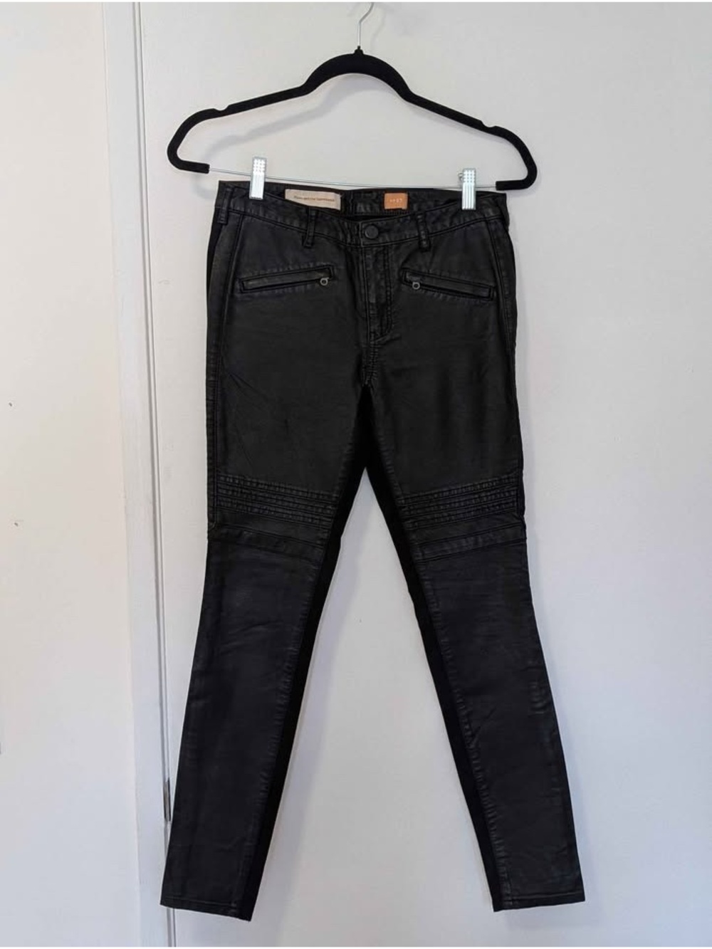 Anthropologie Pilcro Black, Coated Denim and Leather, Moto Skinny Pants, Size 27